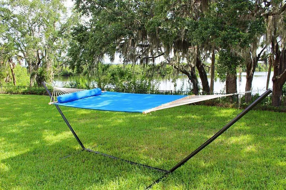 Olefin Double Quilted Hammock with Matching Pillow and Eco-Friendly Bamboo Stand