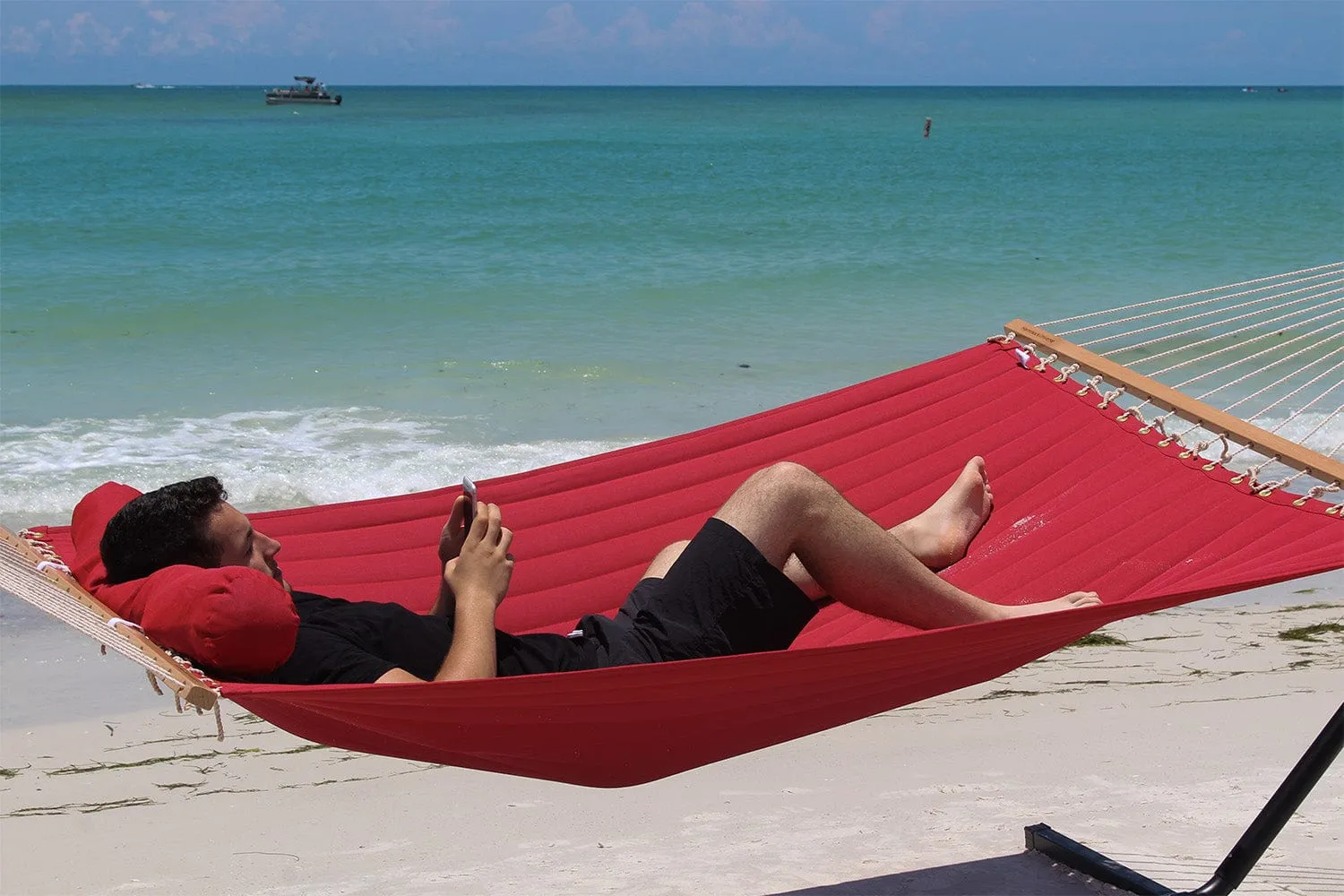 Olefin Double Quilted Hammock with Matching Pillow and Eco-Friendly Bamboo Stand