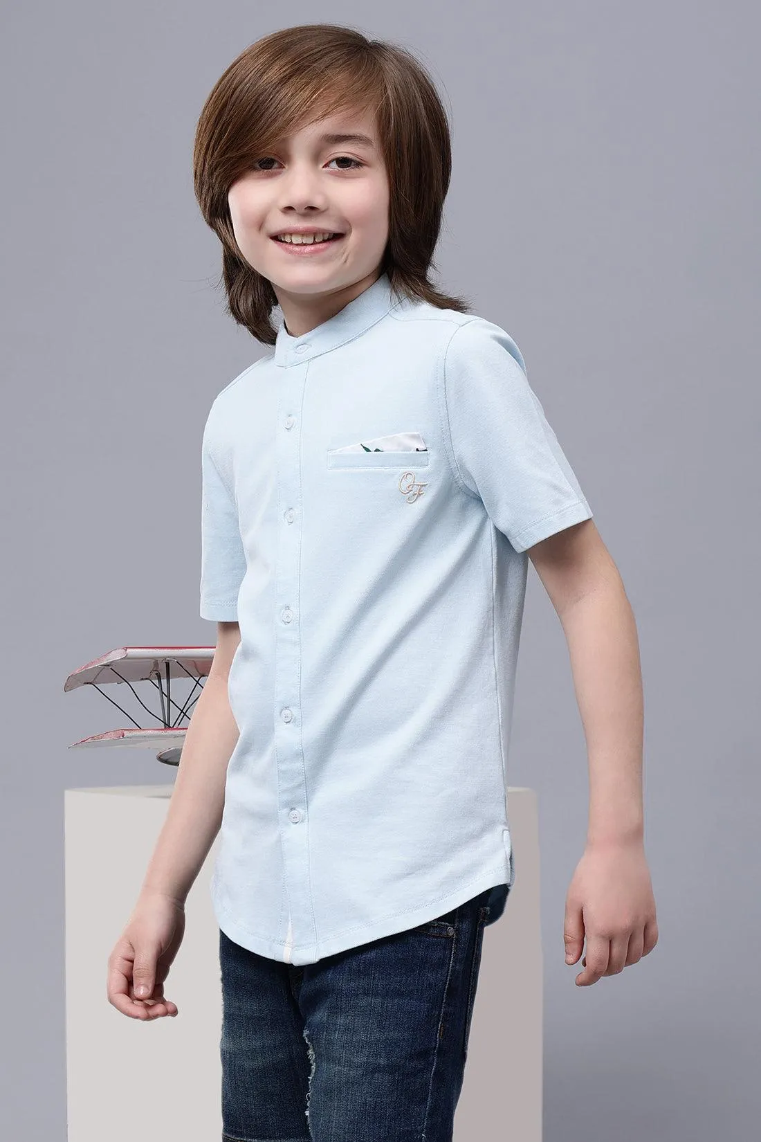 One Friday Kids Boys Blue Cotton Chinese Collar Shirt