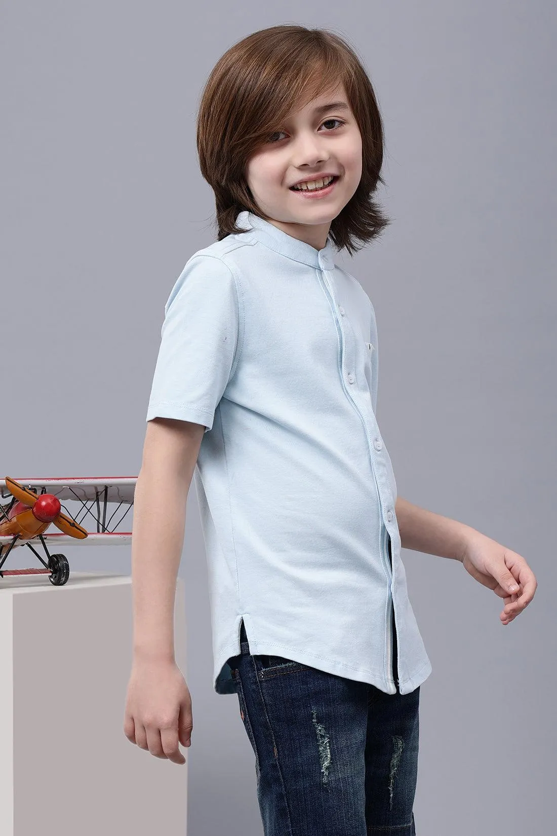 One Friday Kids Boys Blue Cotton Chinese Collar Shirt