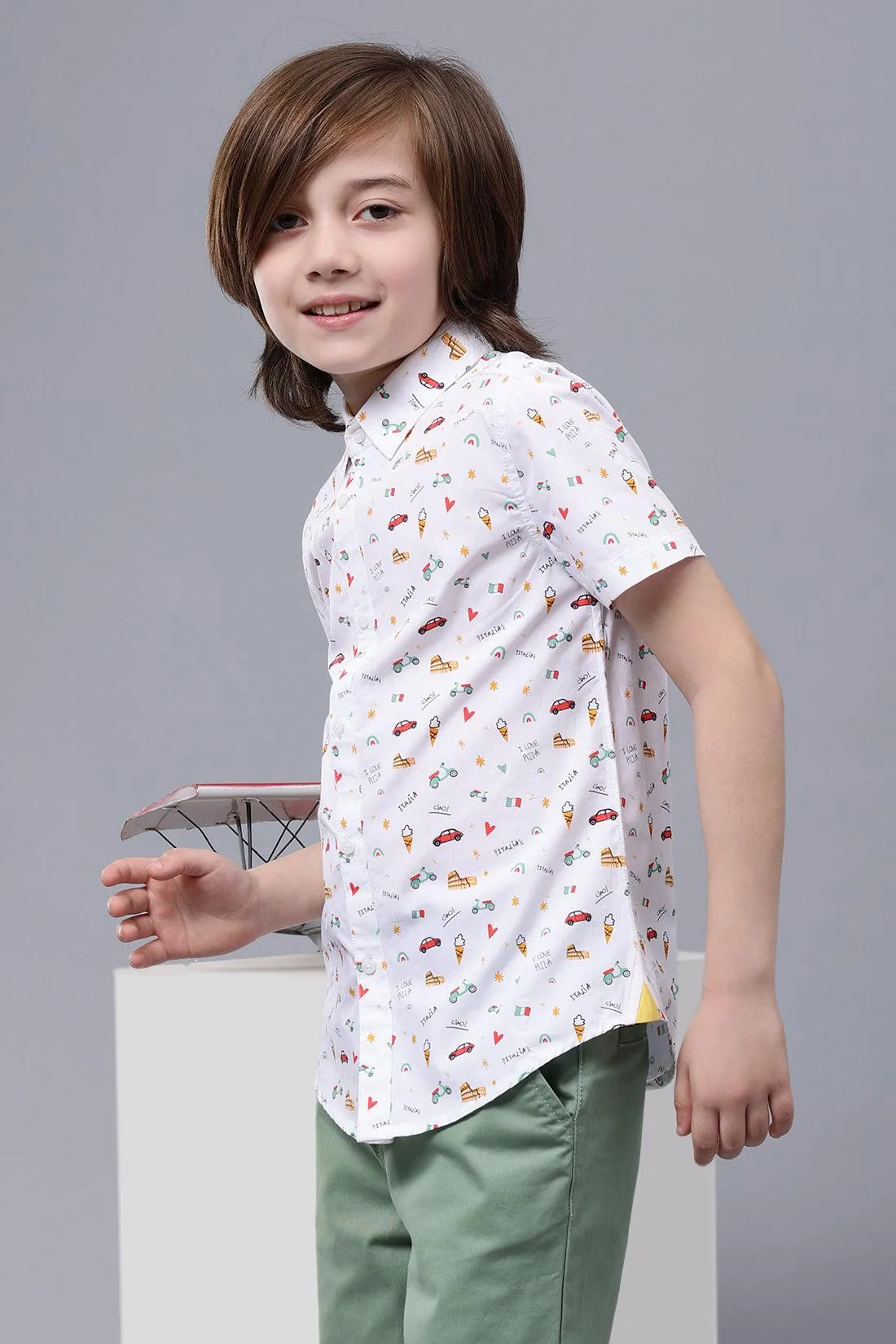 One Friday Kids Boys Fun Doodle Printed Cotton White Shirt