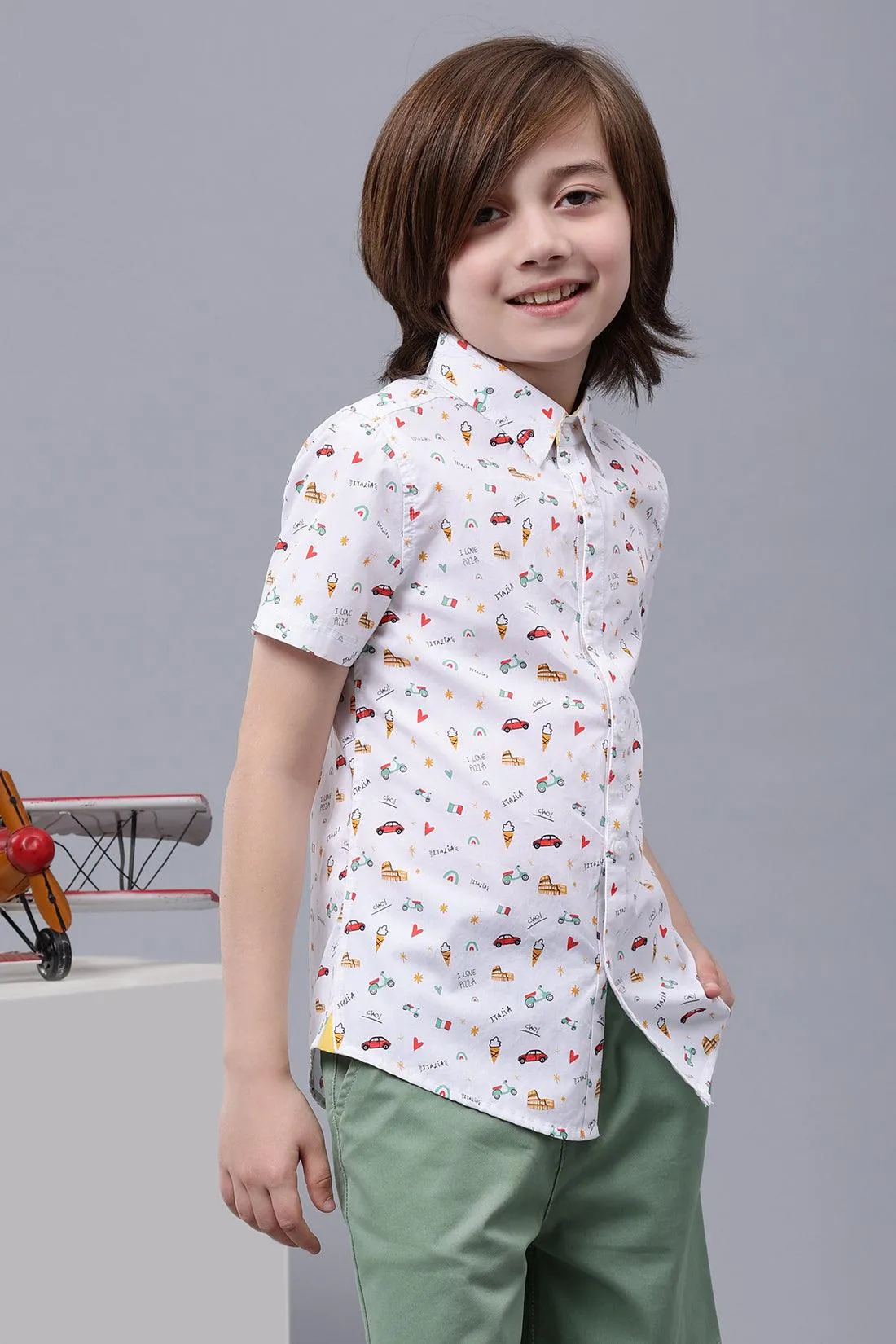 One Friday Kids Boys Fun Doodle Printed Cotton White Shirt