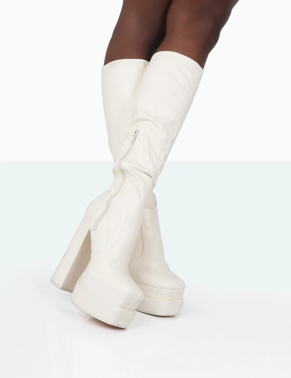 Passive Wide Fit Ecru Pu Platform Block High Heel Over the Knee Boots