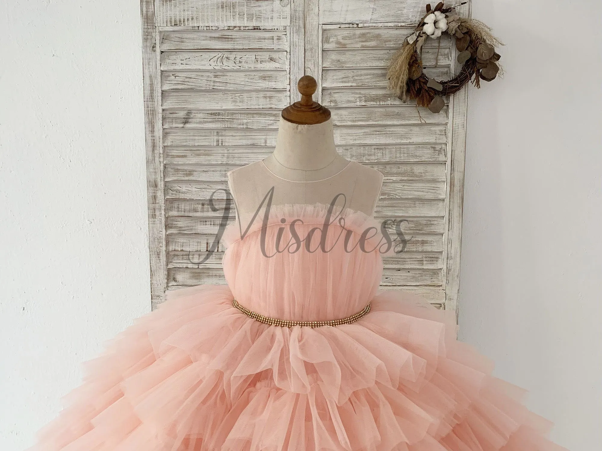 Peach Cupcake Tulle Wedding Flower Girl Dress Kids Party Pageant