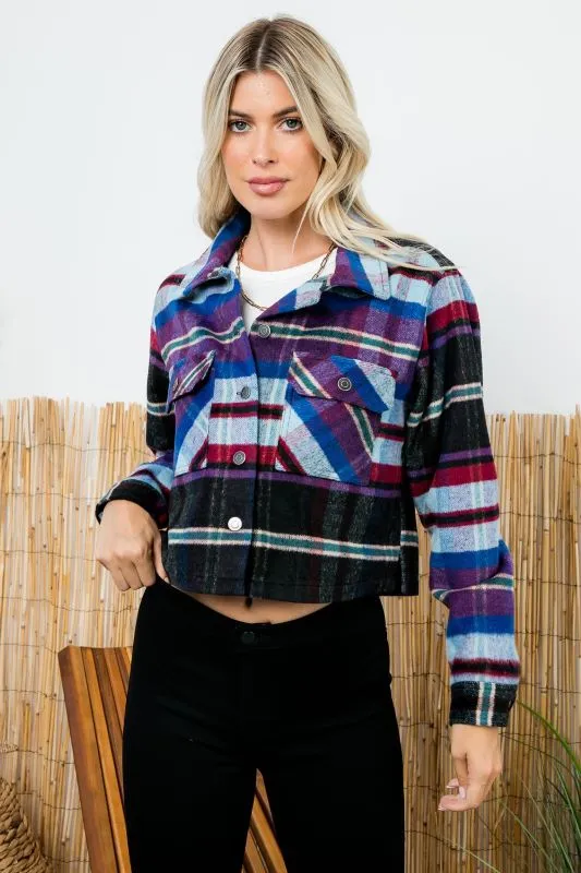 Plaid Cropped Shacket With Tack Button