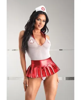 Play Pulse Check Collared Teddy W/open Back, Pleated Skirt, Medic Hat & Pasties Red/white