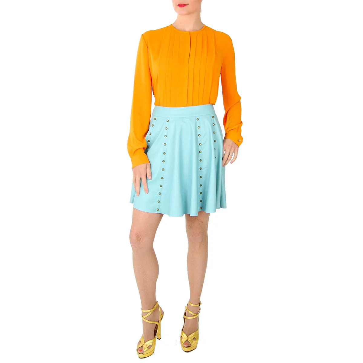 Pleated Front Button-Up Blouse - Orange