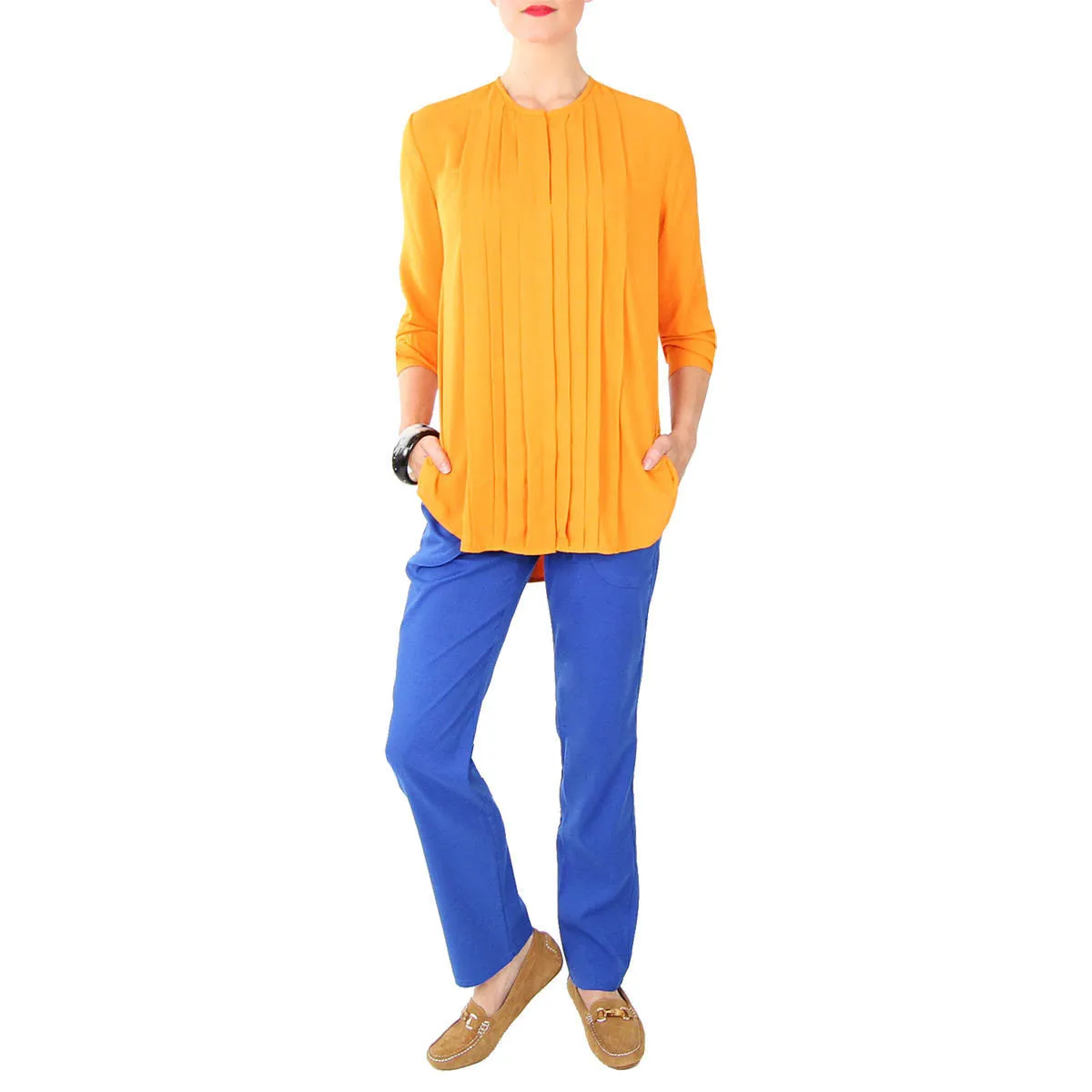 Pleated Front Button-Up Blouse - Orange