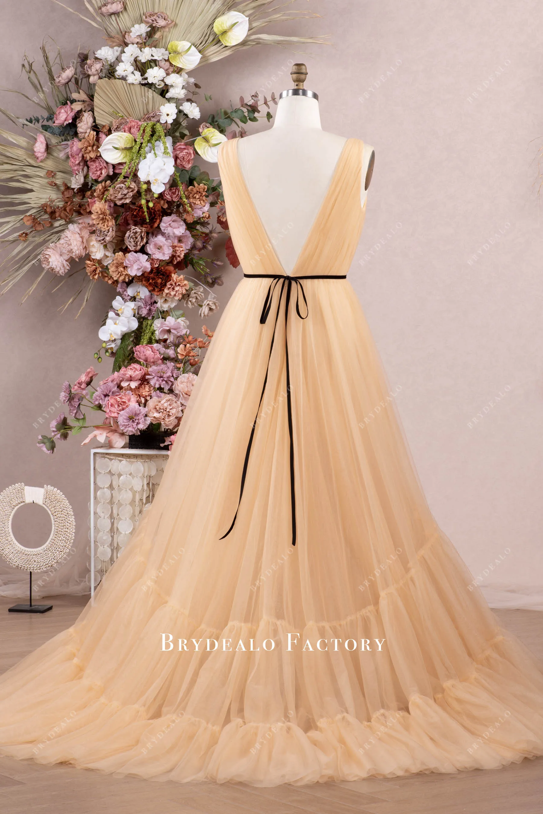 Plus Size Nude Beige Pleated Tulle V-neck Long Prom Dress