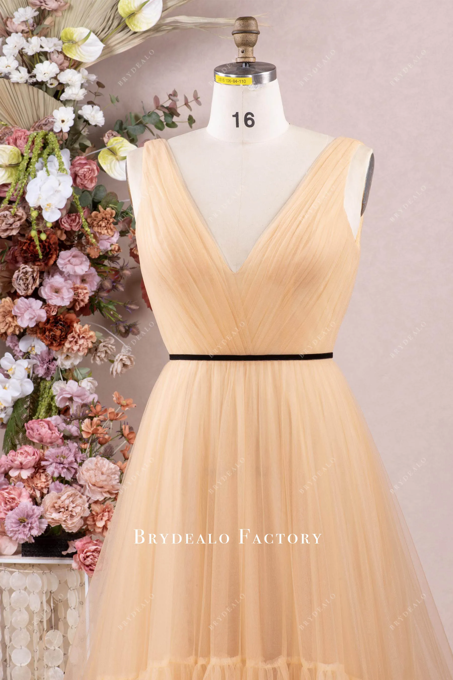 Plus Size Nude Beige Pleated Tulle V-neck Long Prom Dress