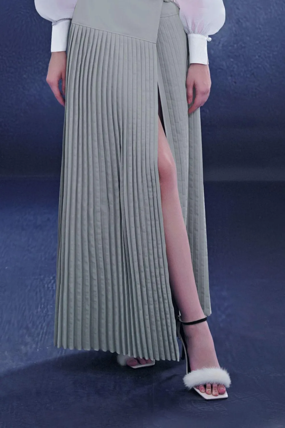 Plushara Slit Pleated Khaki Floor Length Skirt