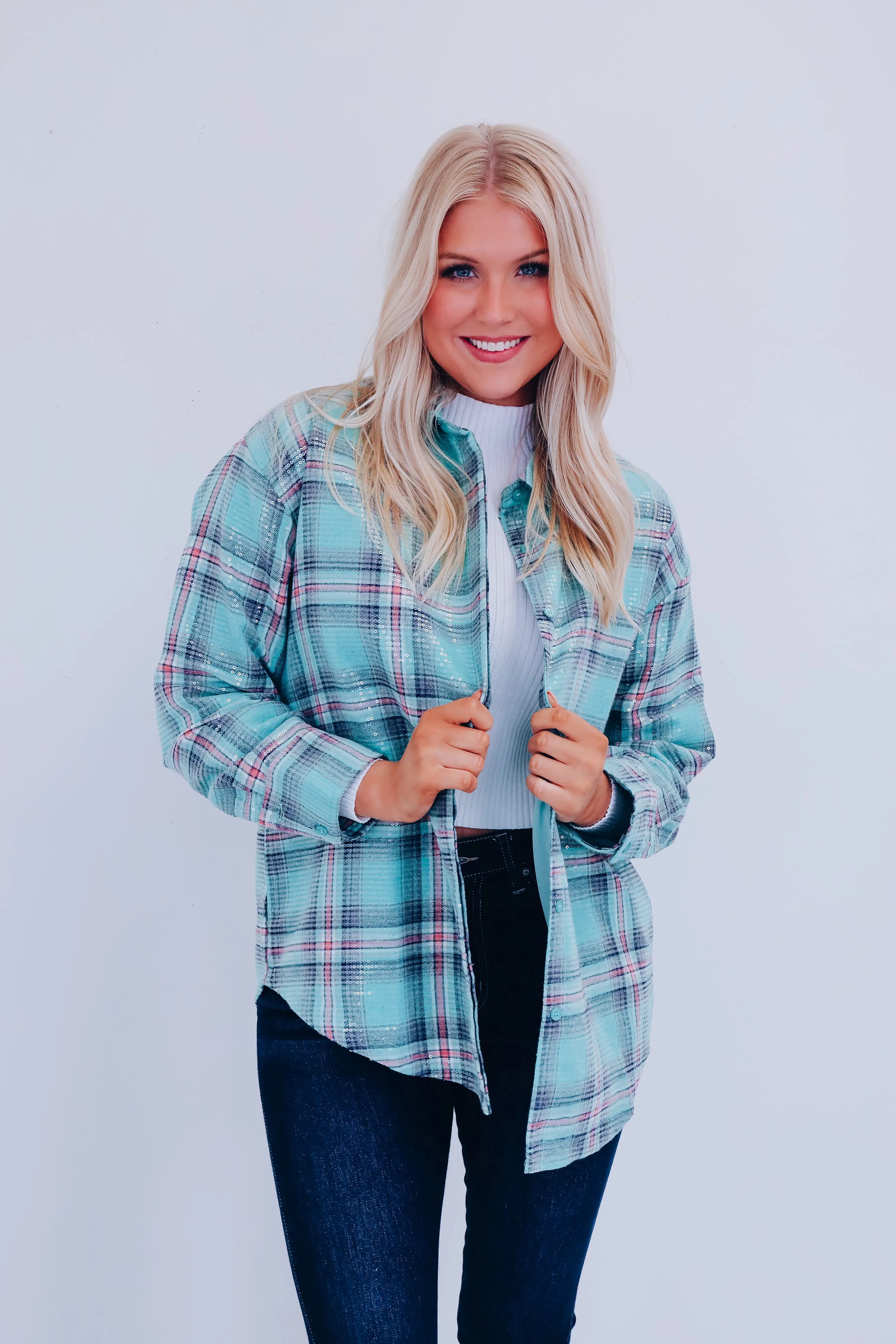 Portia Plaid Sequined Shacket - Mint