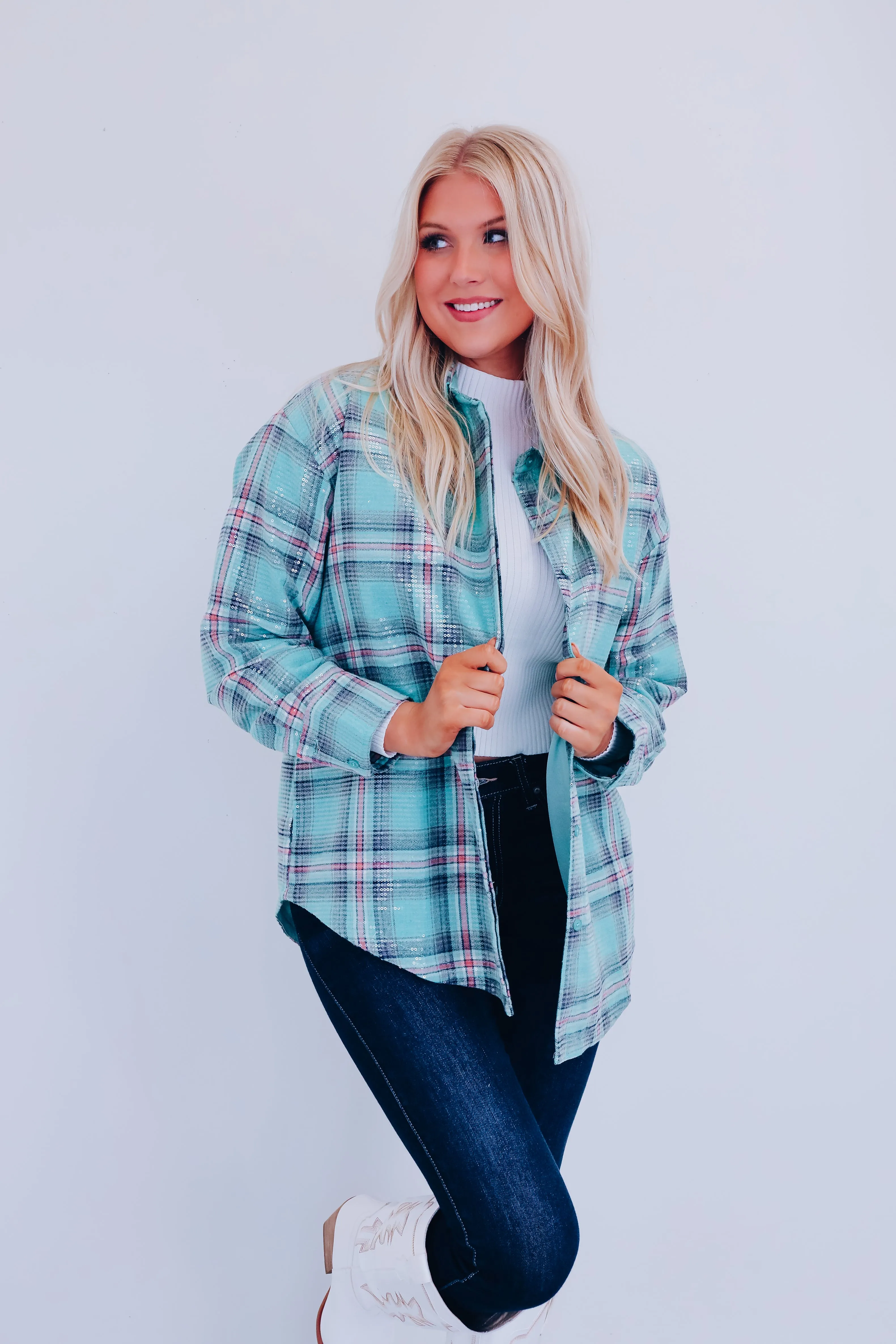 Portia Plaid Sequined Shacket - Mint