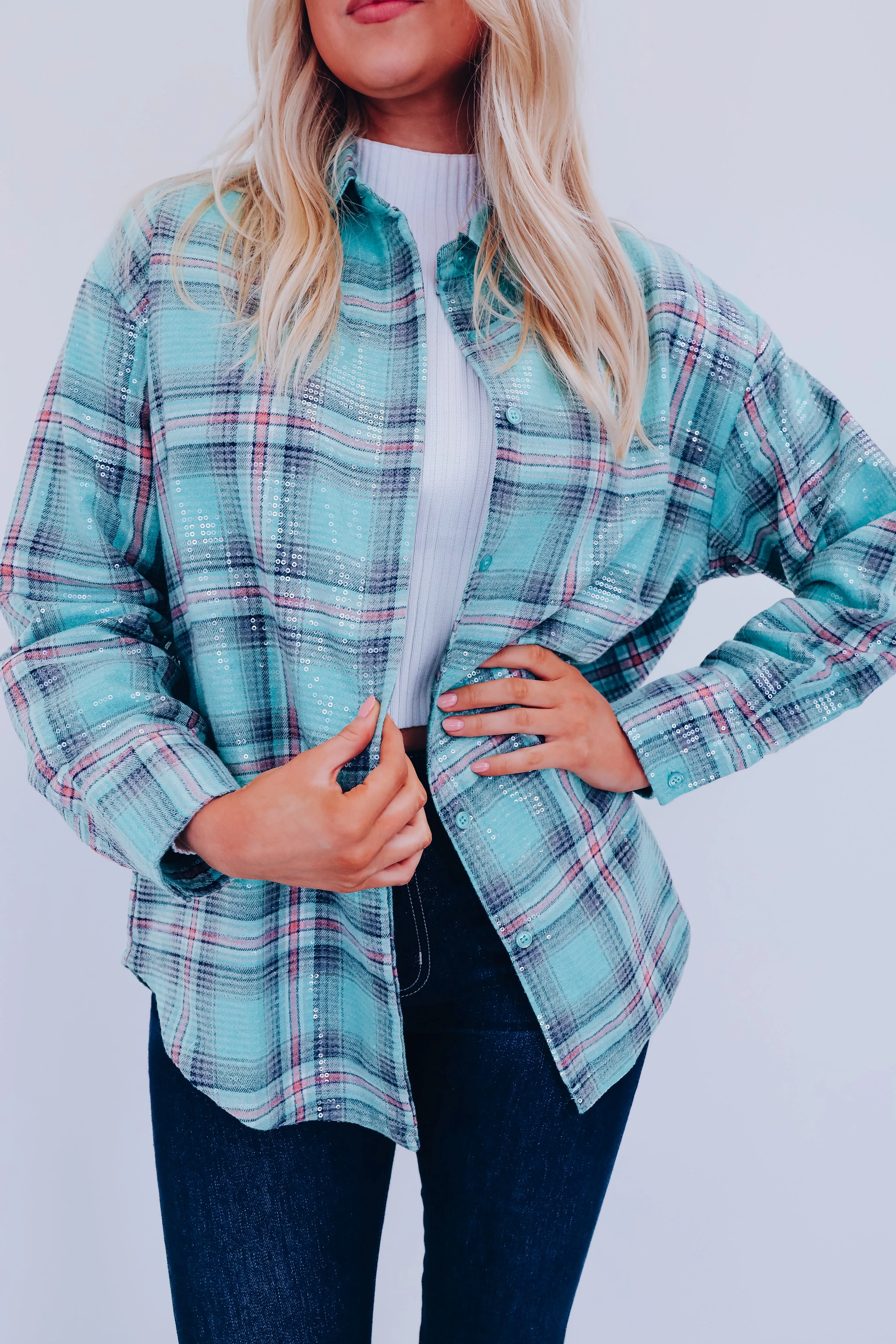 Portia Plaid Sequined Shacket - Mint