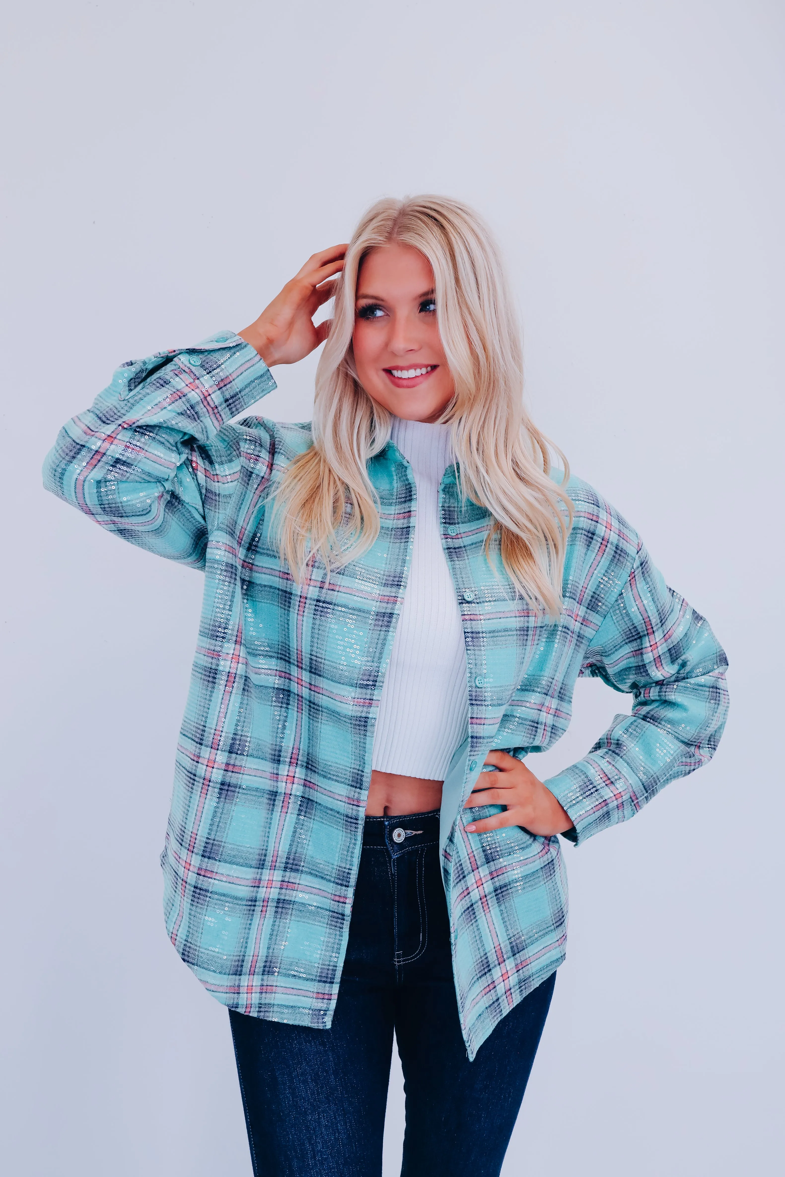 Portia Plaid Sequined Shacket - Mint