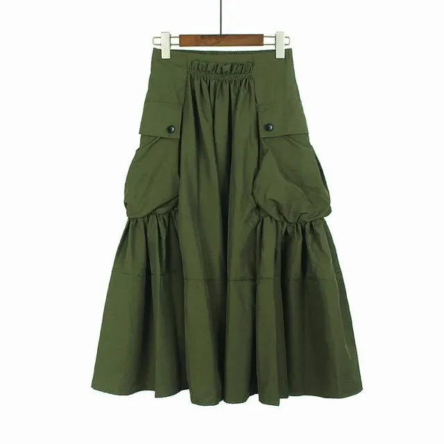 Pre Order:  High Waist Cargo Pockets Mid-calf Skirt