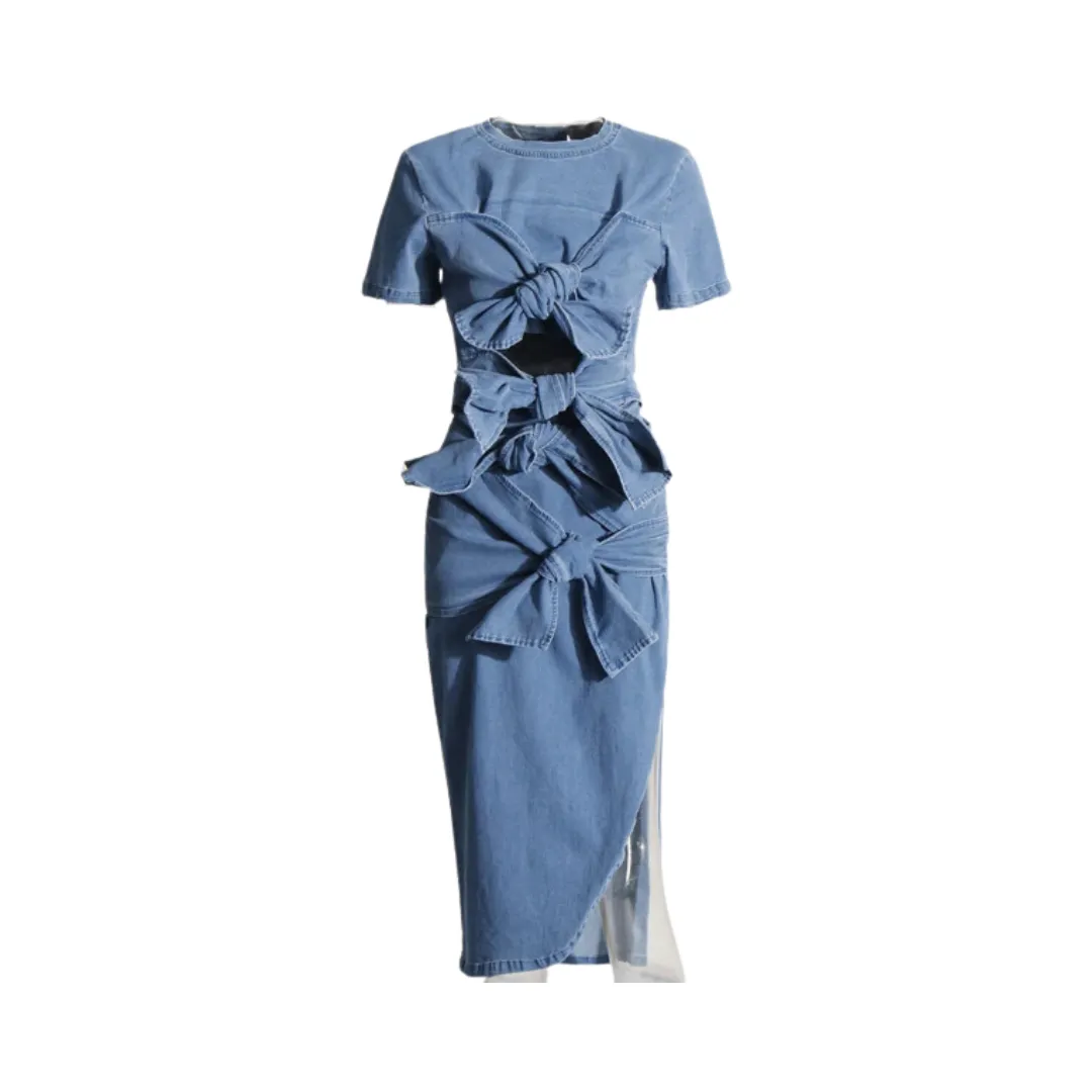 Pre Order:  Knot Tie Denim Top   Slit Midi Skirt Set