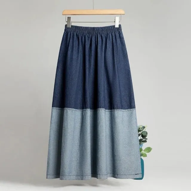 Pre Order:  Two-Tone Denim Midi Skirt