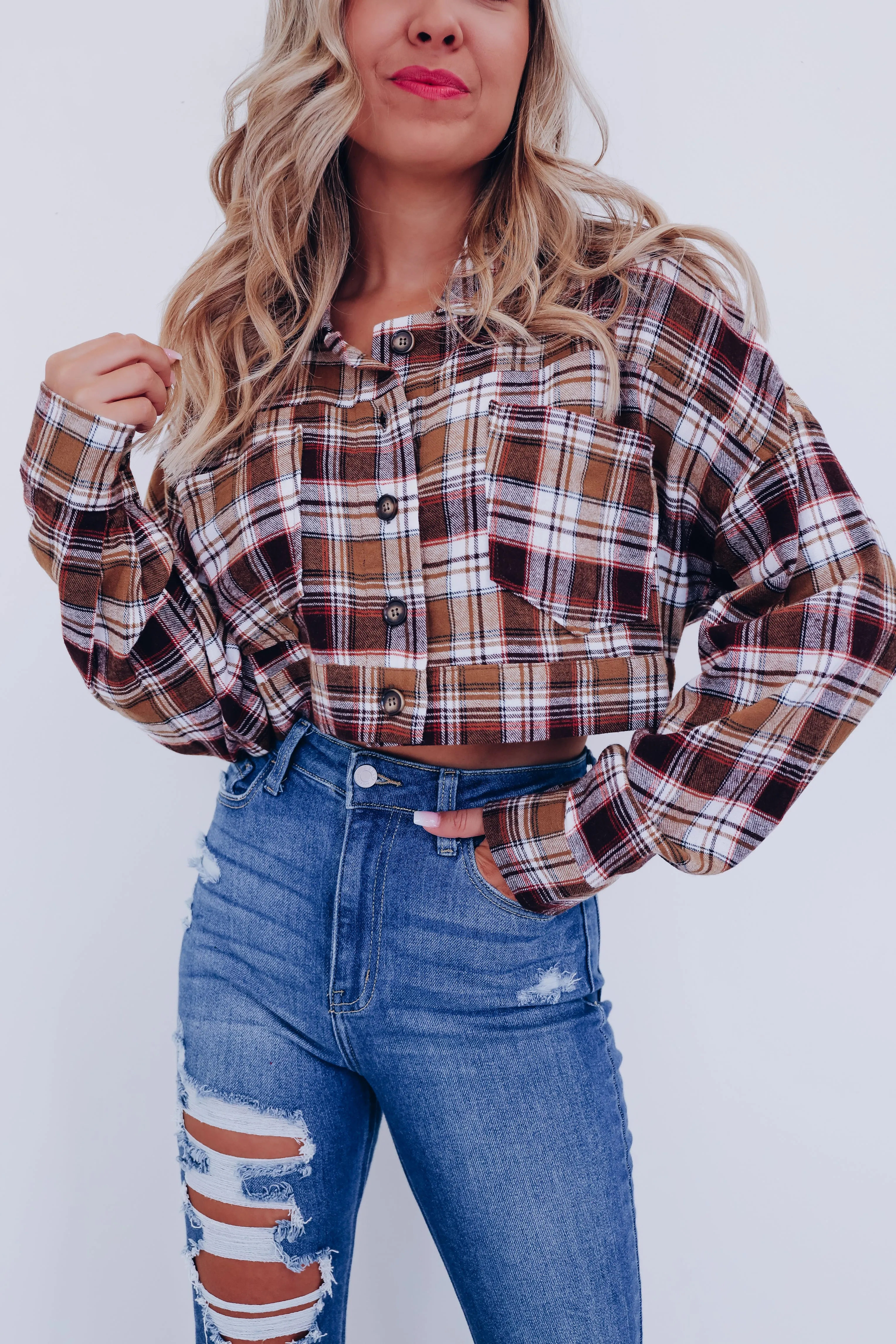 Precious Plaid Cropped Shacket - Brown Combo