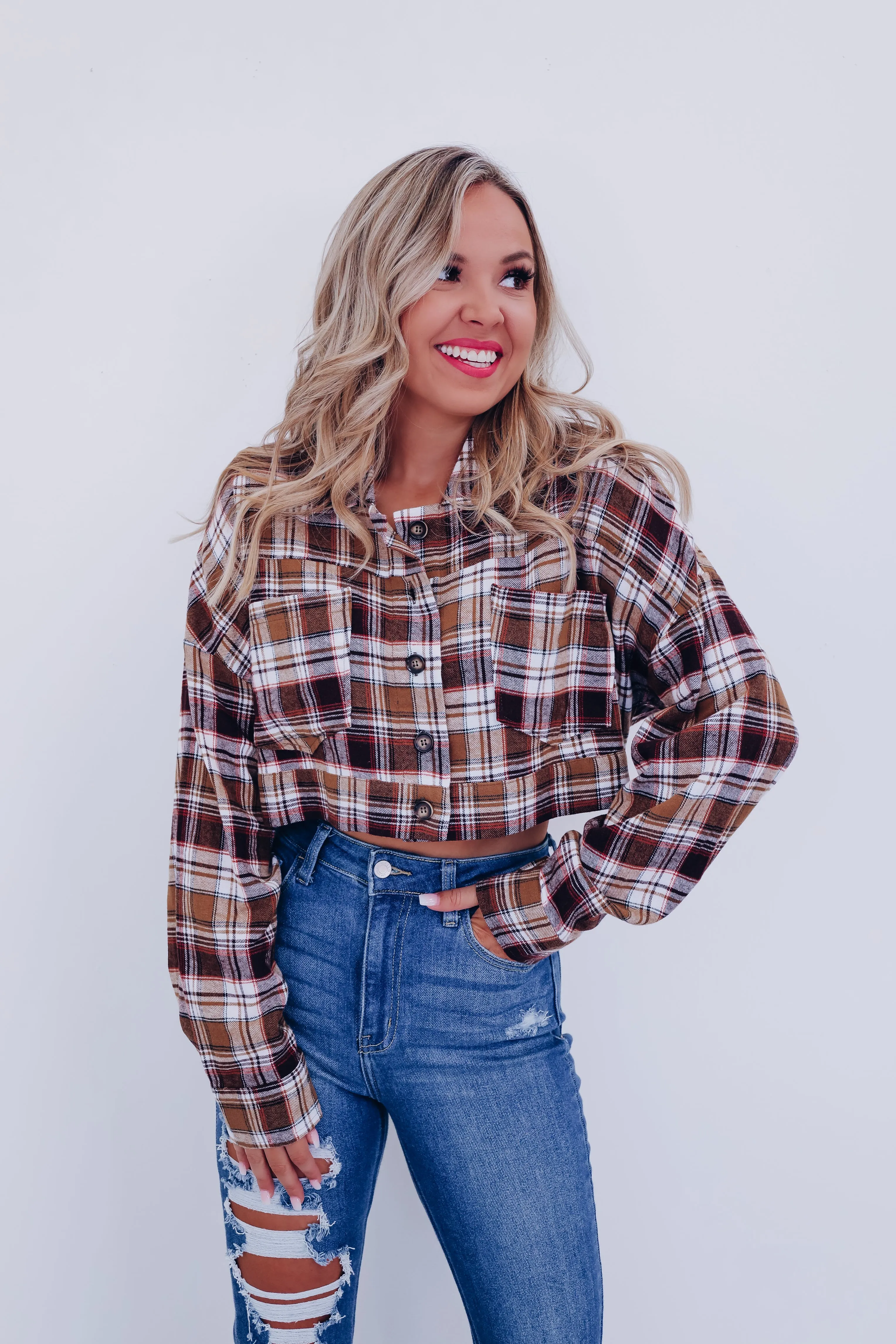 Precious Plaid Cropped Shacket - Brown Combo