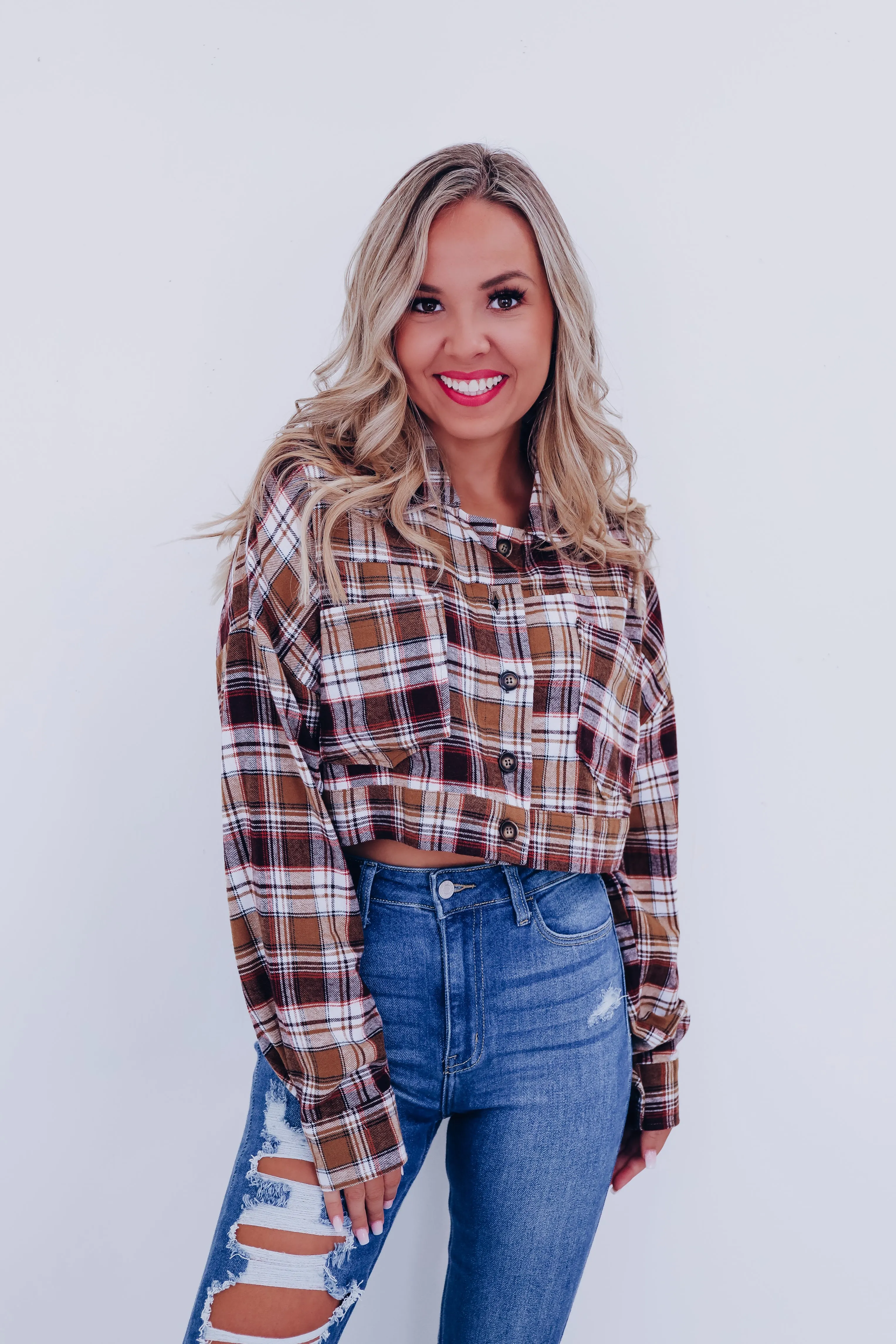 Precious Plaid Cropped Shacket - Brown Combo