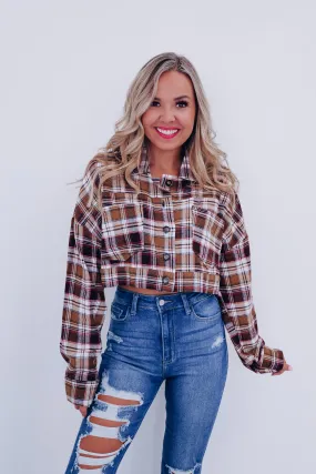 Precious Plaid Cropped Shacket - Brown Combo