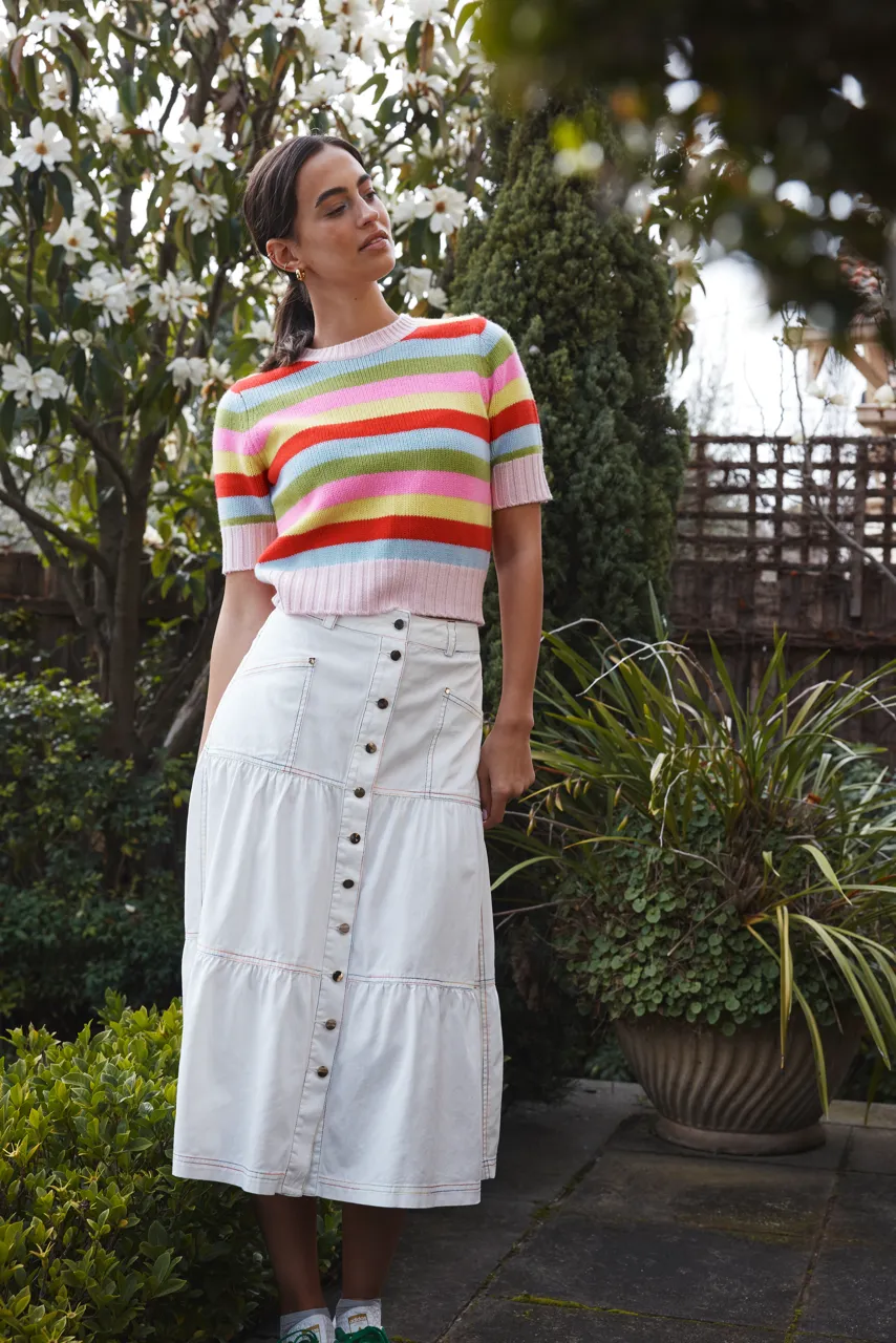 Rainbow Lotus Skirt in White Denim