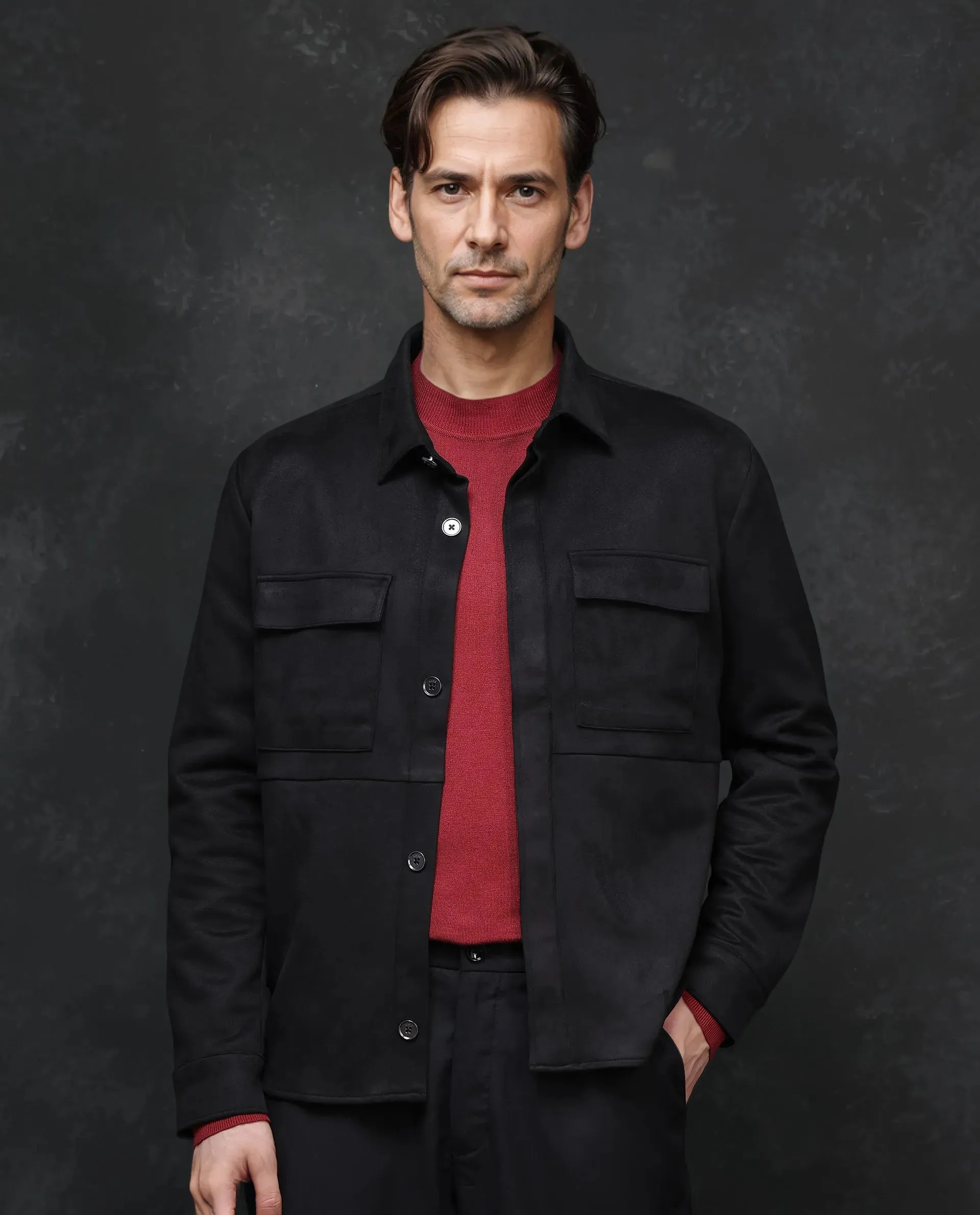 Rare Rabbit Men Delk-2 Black Polyester Spandex Fabric Full Sleeve Collared Neck Button Closure Regular Fit Plain Jacket