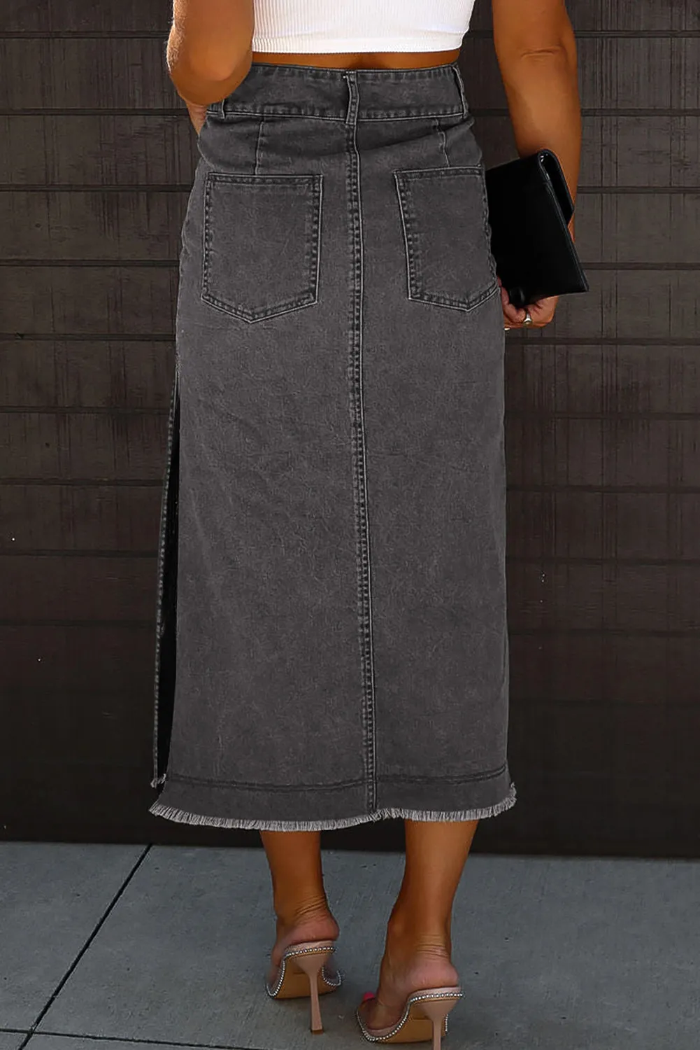 Raw Hem Slit Pocketed Midi Denim Skirt