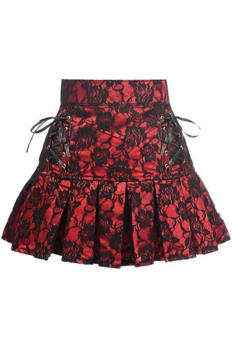 Red Satin w/Black Lace Overlay Lace-Up Skirt