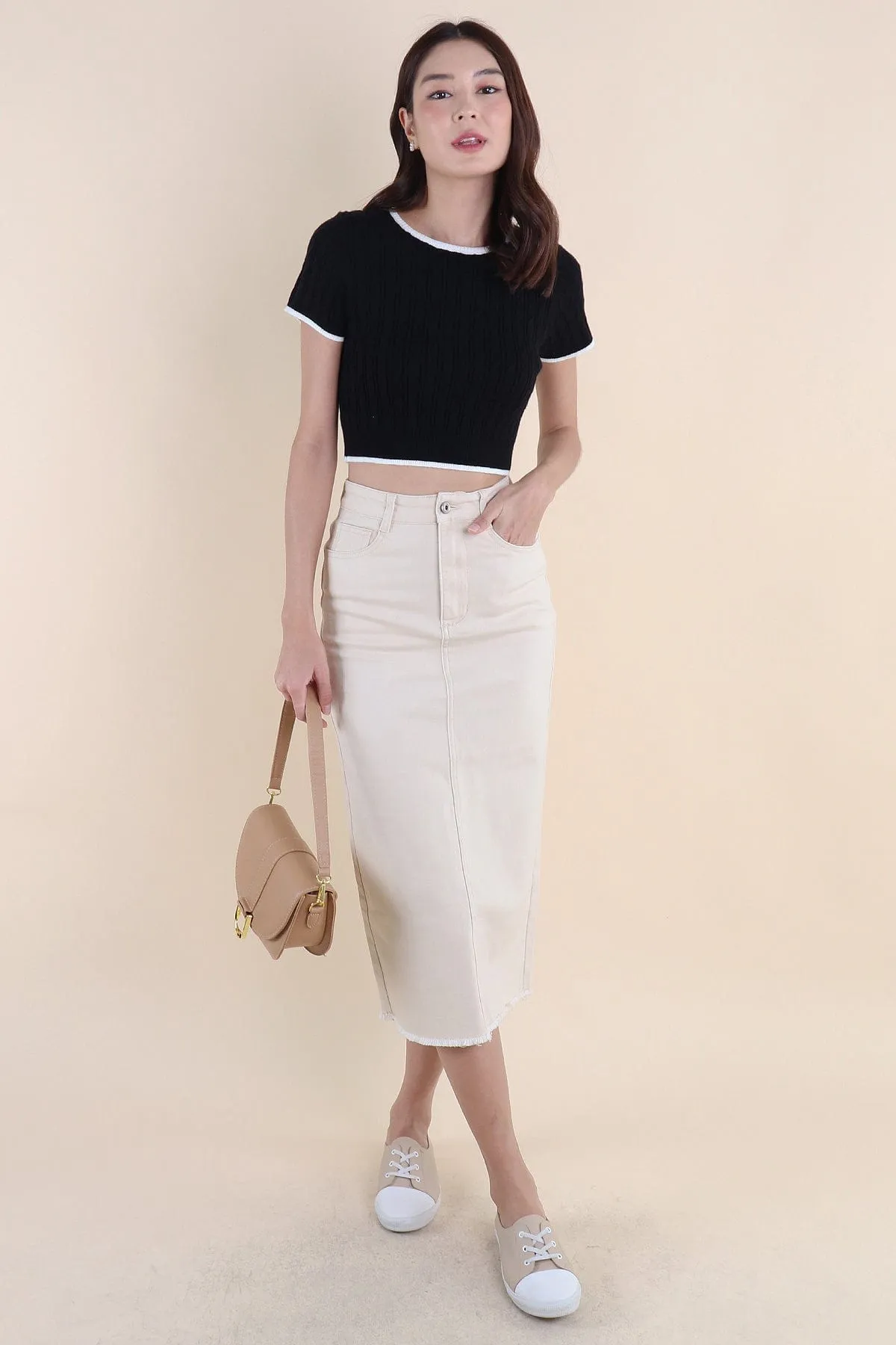 RESTOCKED** MILLER DENIM MIDI SKIRT IN KHAKI