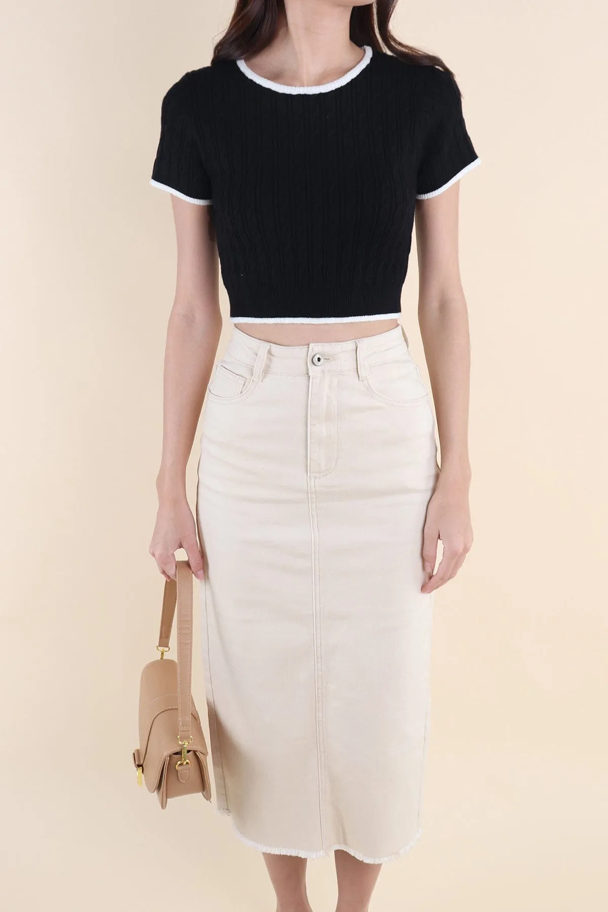 RESTOCKED** MILLER DENIM MIDI SKIRT IN KHAKI