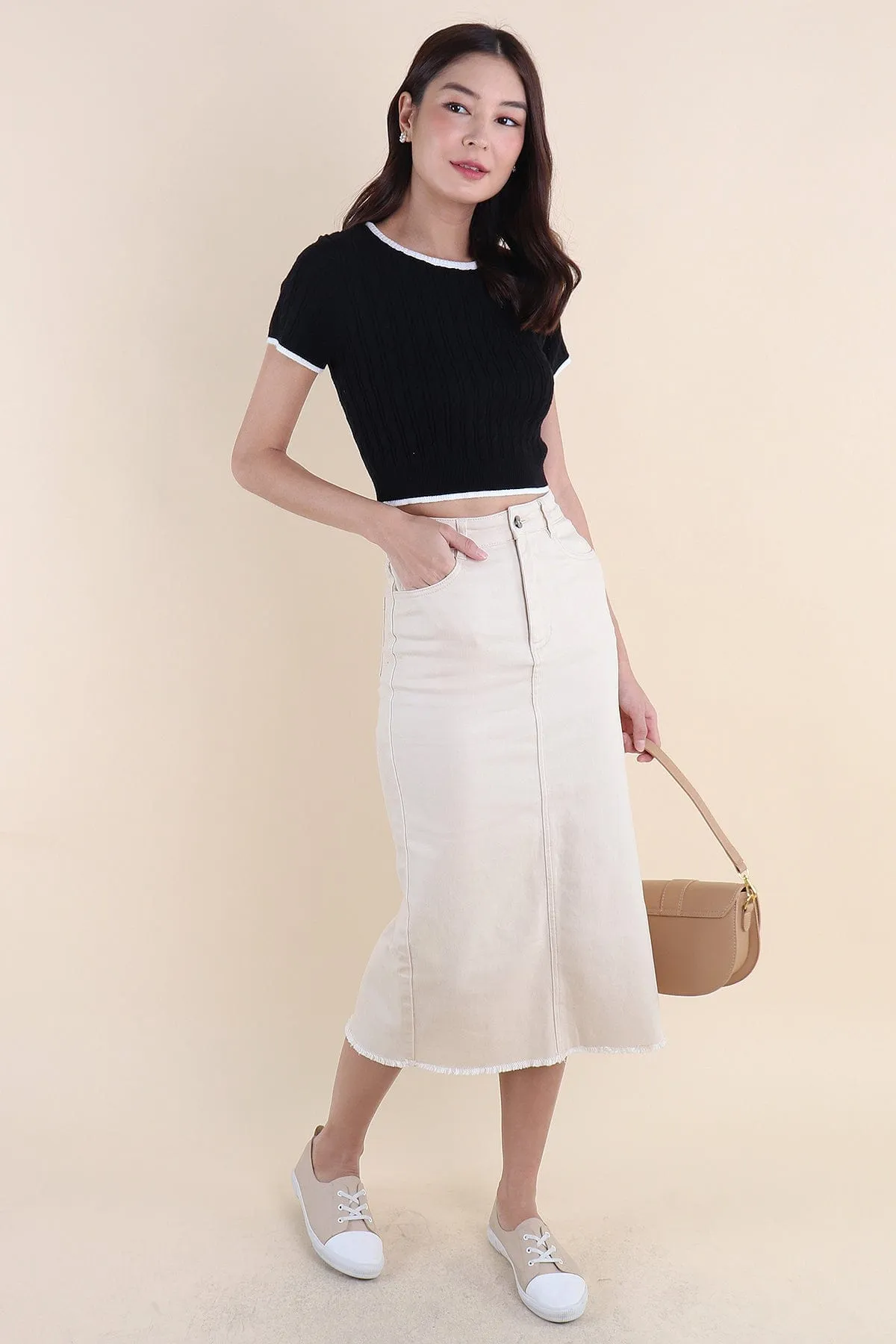 RESTOCKED** MILLER DENIM MIDI SKIRT IN KHAKI