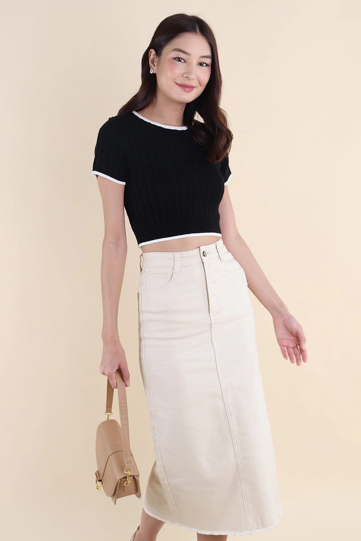 RESTOCKED** MILLER DENIM MIDI SKIRT IN KHAKI