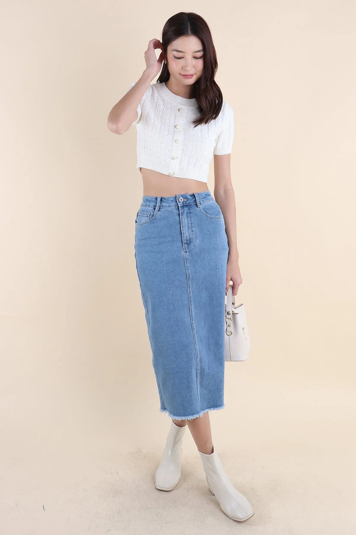 RESTOCKED** MILLER DENIM MIDI SKIRT IN MID