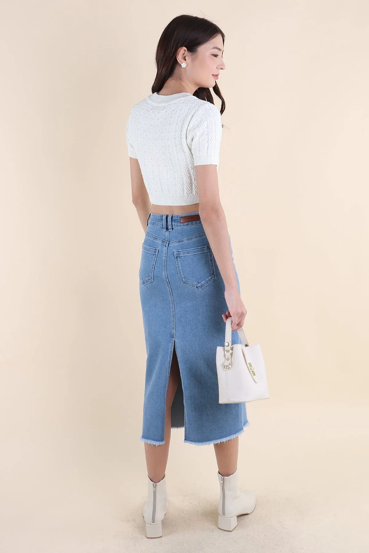 RESTOCKED** MILLER DENIM MIDI SKIRT IN MID