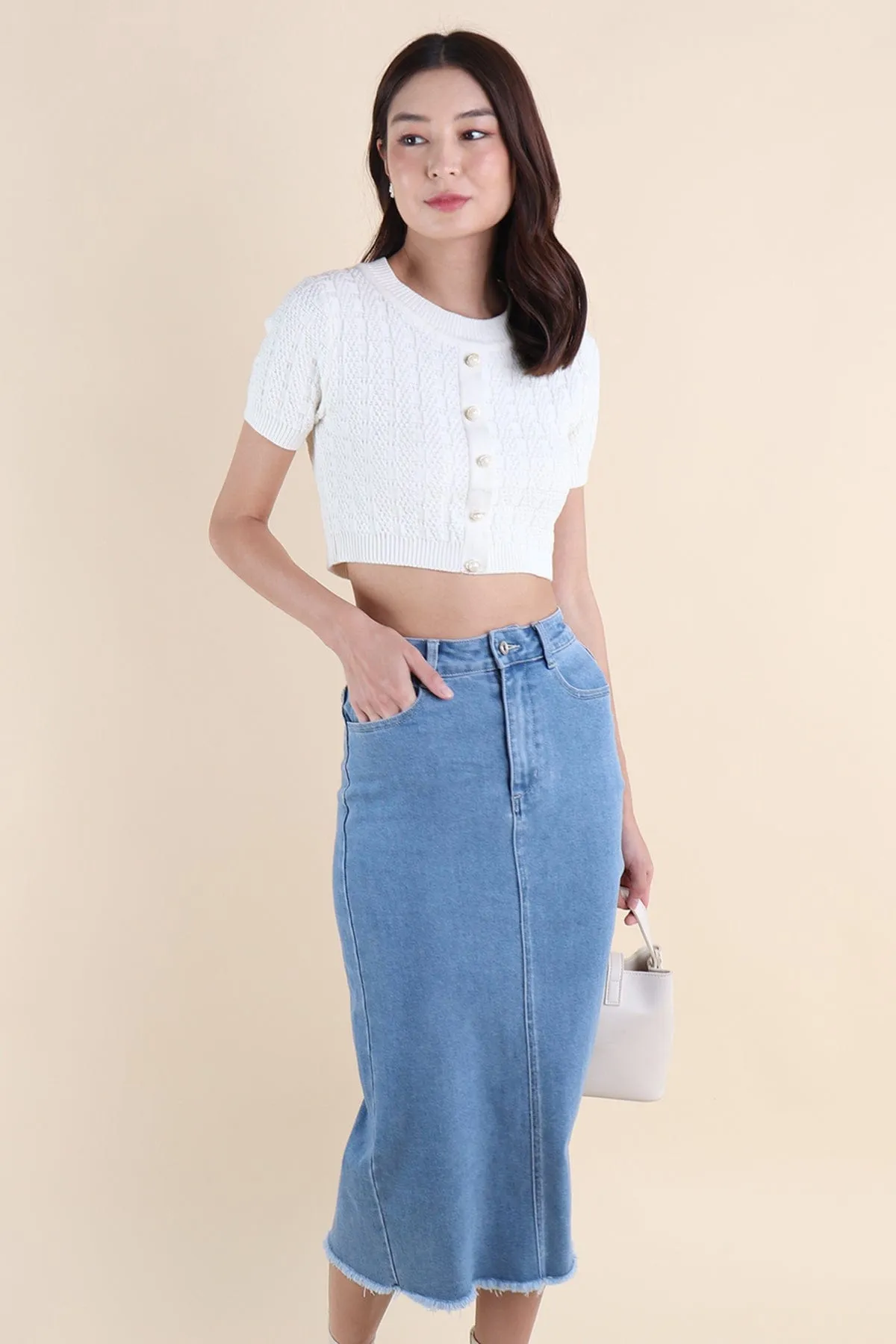 RESTOCKED** MILLER DENIM MIDI SKIRT IN MID