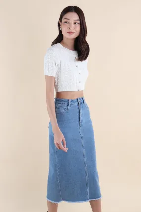 RESTOCKED** MILLER DENIM MIDI SKIRT IN MID