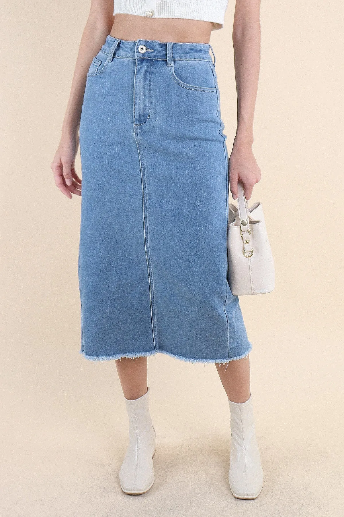 RESTOCKED** MILLER DENIM MIDI SKIRT IN MID