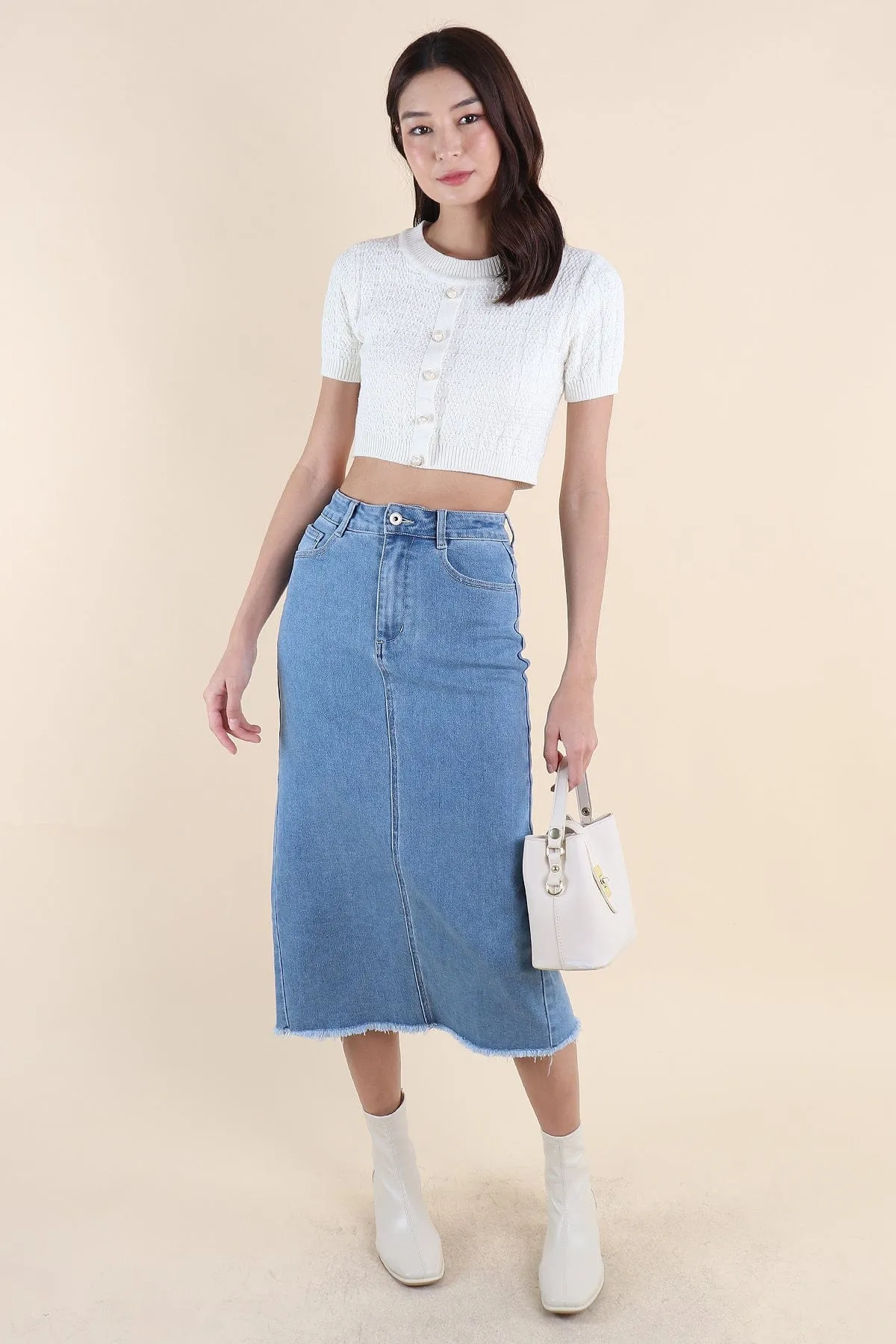 RESTOCKED** MILLER DENIM MIDI SKIRT IN MID