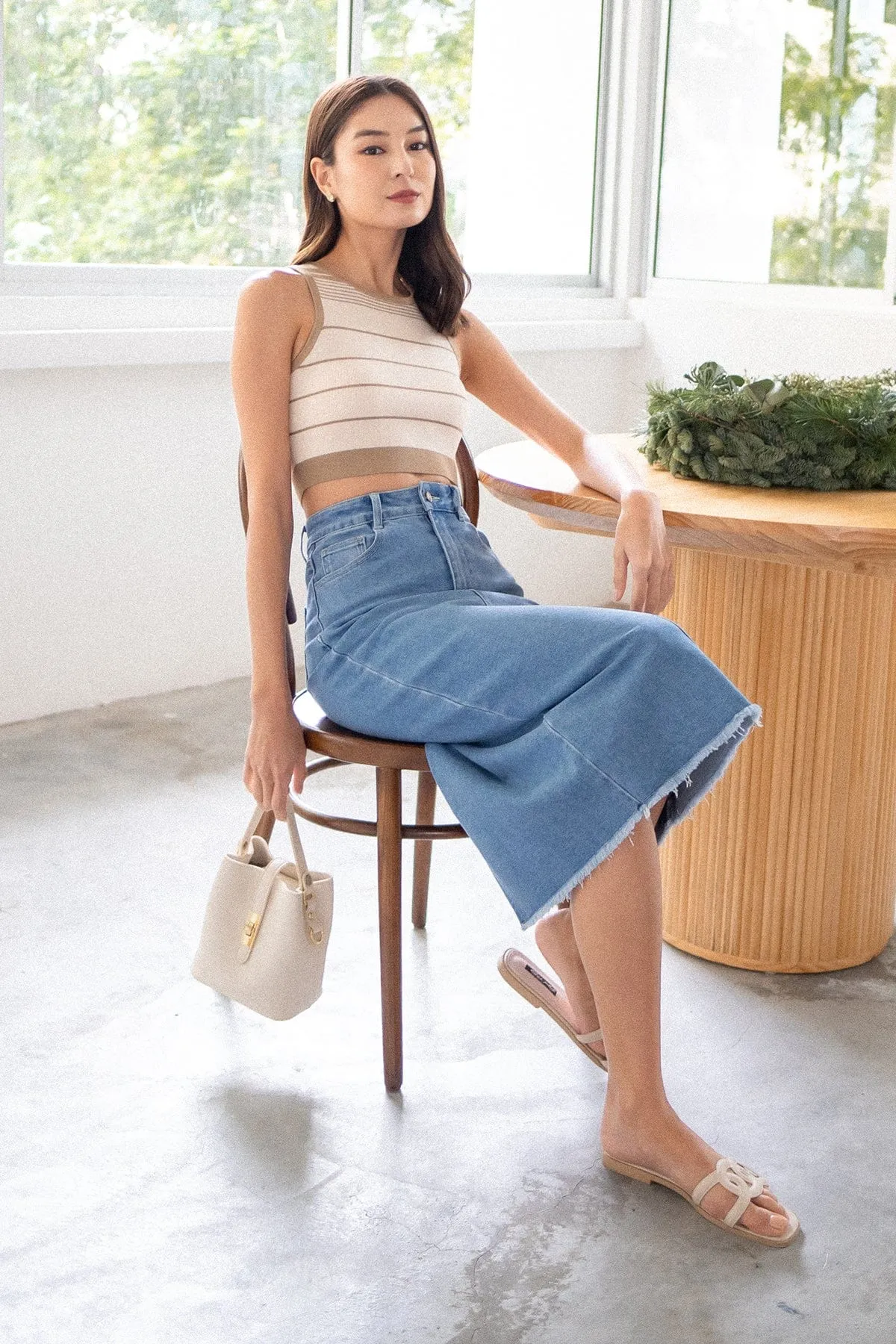 RESTOCKED** MILLER DENIM MIDI SKIRT IN MID