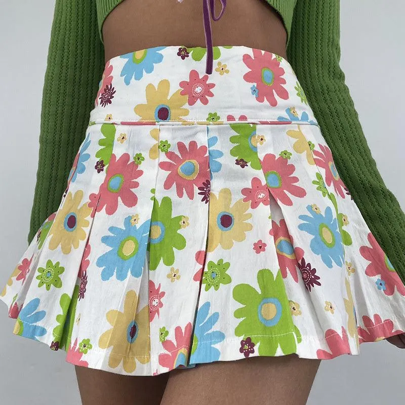 Retro Floral Pleated Mini Skirt