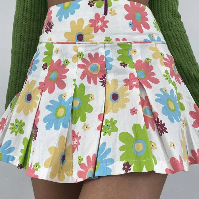 Retro Floral Pleated Mini Skirt