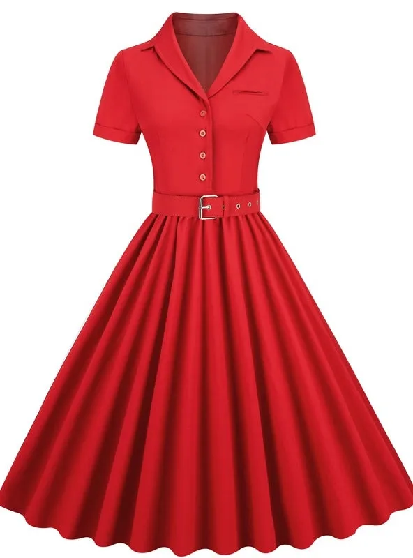 Retro Solid Color Silm Waist Swing Dress