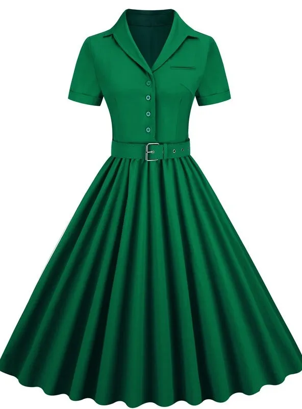 Retro Solid Color Silm Waist Swing Dress