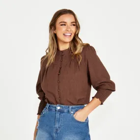 Roxy Shirred Cuff Blouse - Chocolate