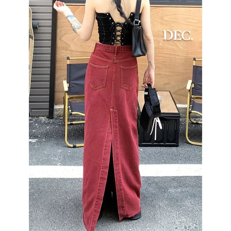 S-3Xl Vintage Slit Denim Midi Skirts Women Y2K Red High Waist Wrap Jean Skirt Summer Korean Sexy Split Slim A Line Faldas