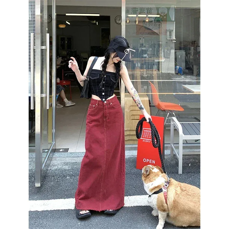 S-3Xl Vintage Slit Denim Midi Skirts Women Y2K Red High Waist Wrap Jean Skirt Summer Korean Sexy Split Slim A Line Faldas