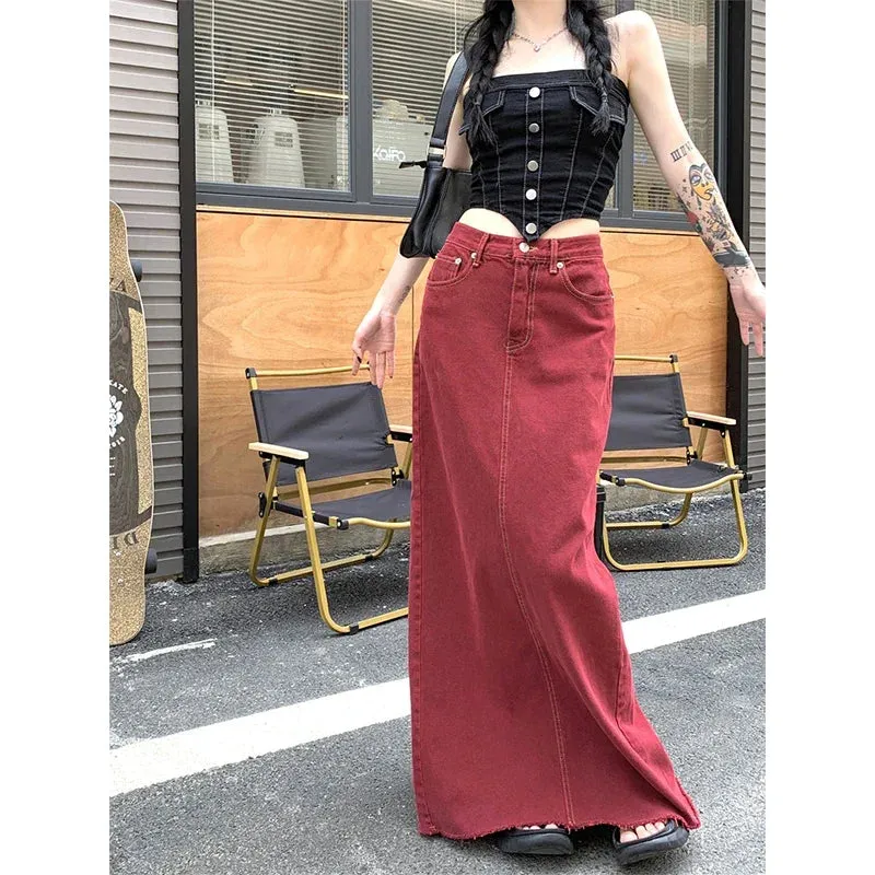 S-3Xl Vintage Slit Denim Midi Skirts Women Y2K Red High Waist Wrap Jean Skirt Summer Korean Sexy Split Slim A Line Faldas