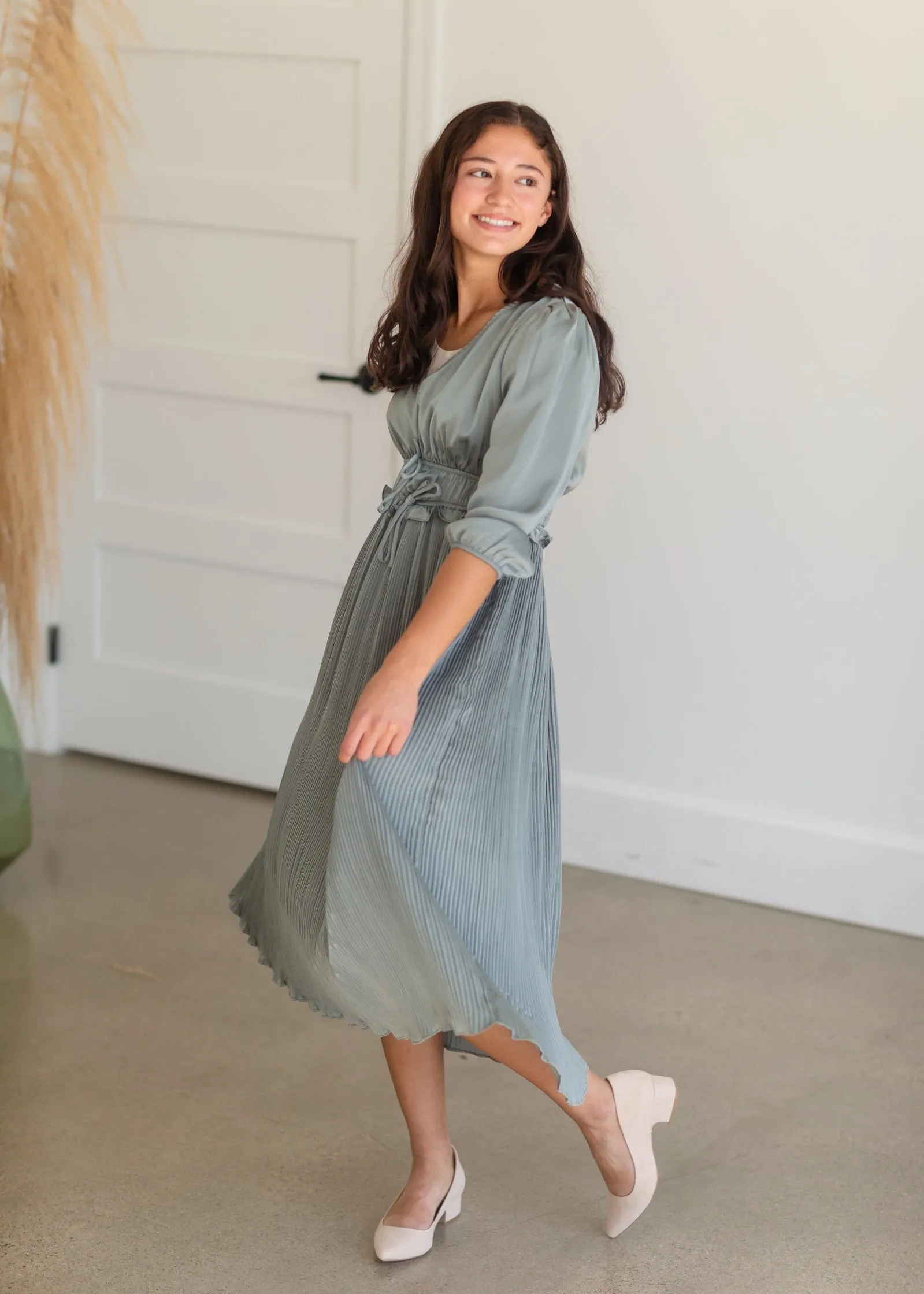 Sage Satin Pleated 3/4 Sleeve Midi Dress - FINAL SALE